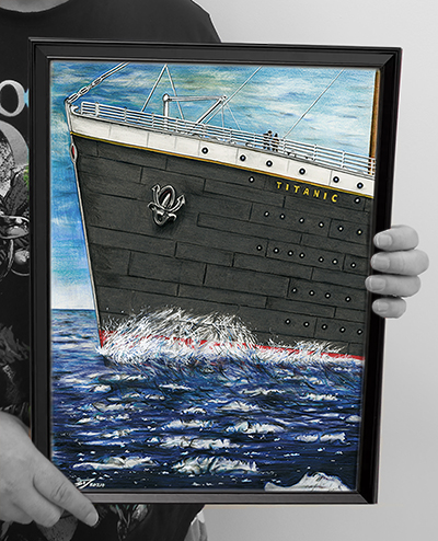 hand created Titanic art in frame
